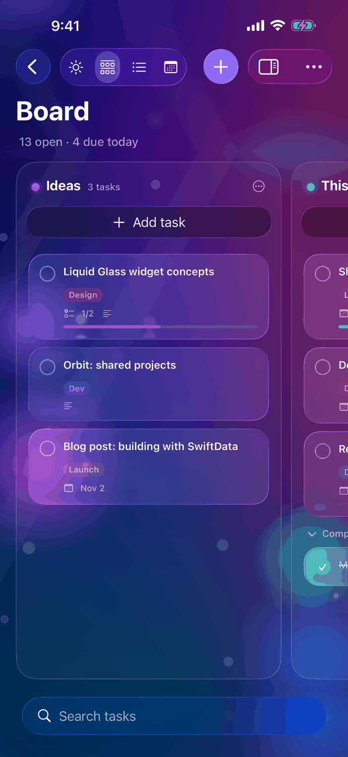 Pane Tasks for iPhone Board view with Liquid Glass task cards in bucket columns