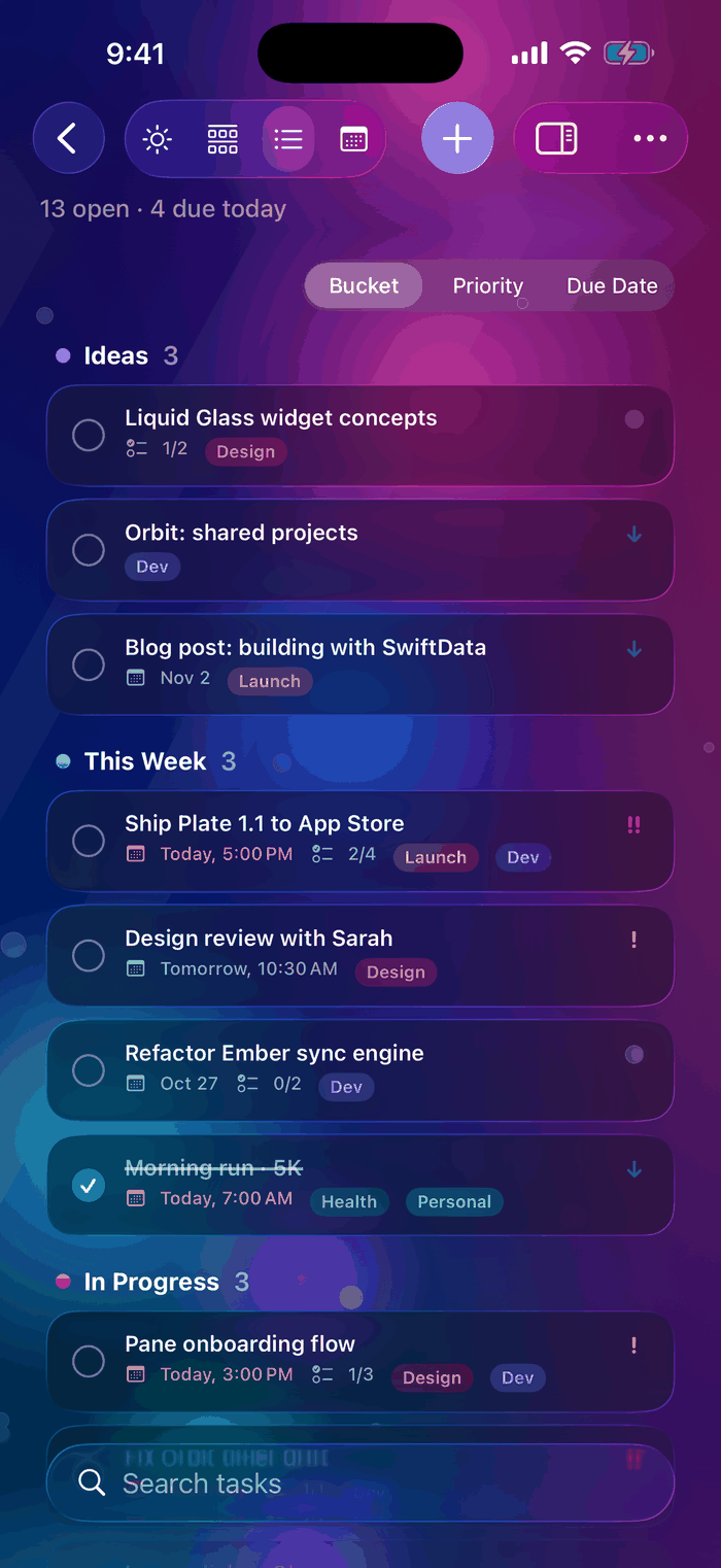Pane Tasks for iPhone List view of tasks
