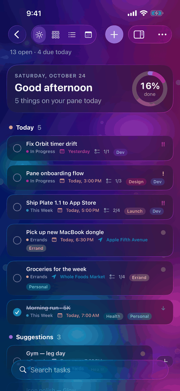 Pane Tasks for iPhone My Day view with today's tasks