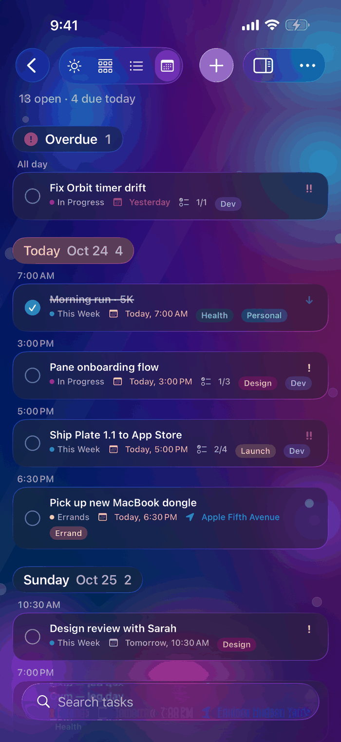 Pane Tasks for iPhone Schedule view of upcoming tasks by date