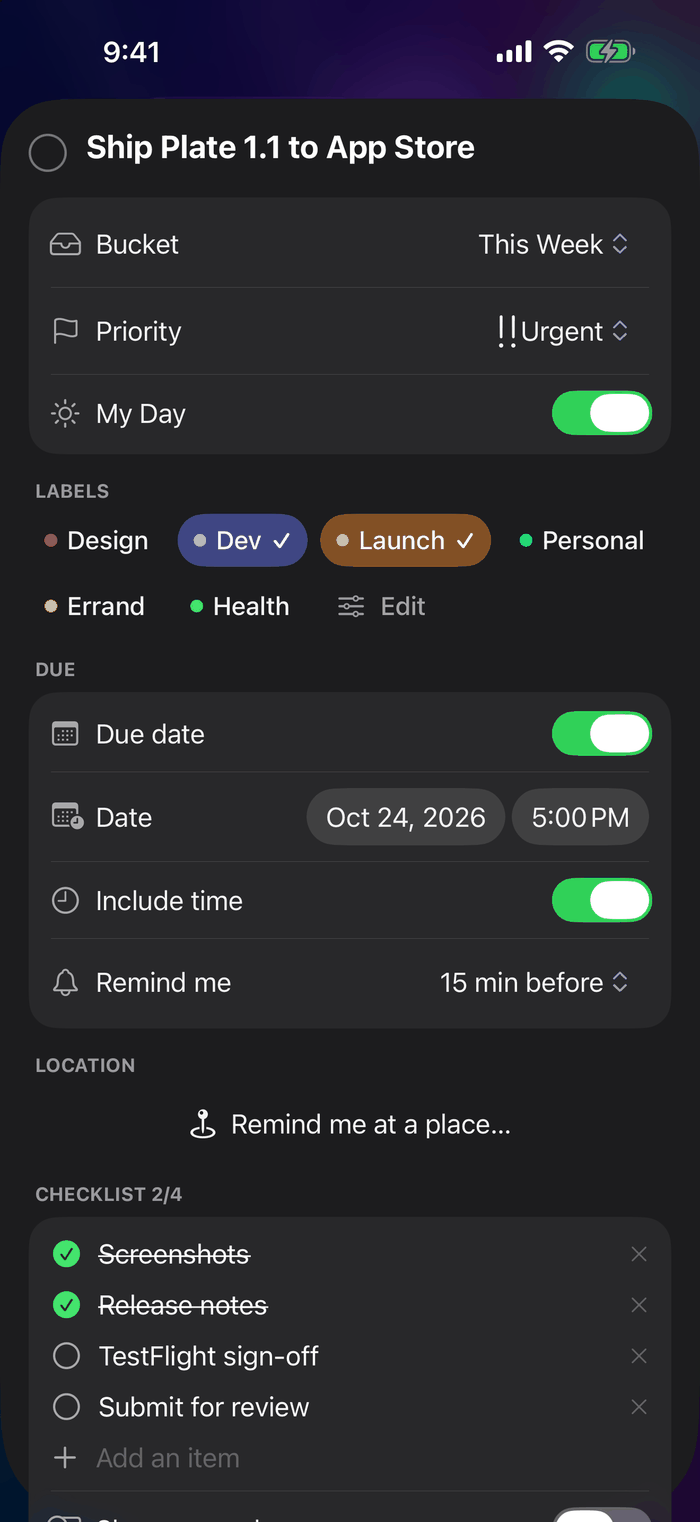 Pane Tasks for iPhone task detail with notes and checklist