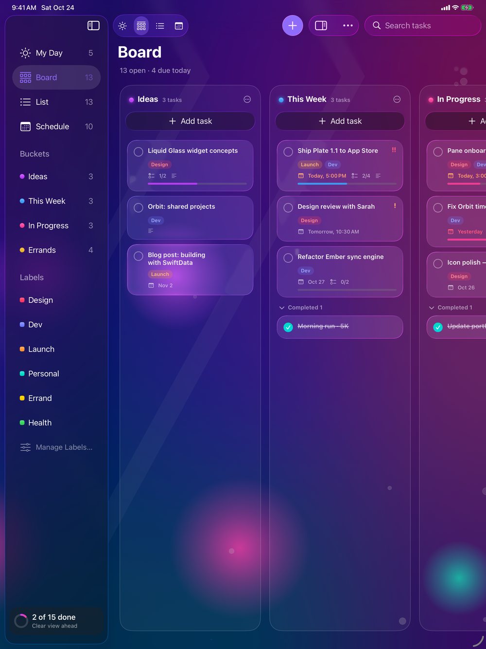 Pane Tasks for iPad Board view with Liquid Glass task cards in bucket columns