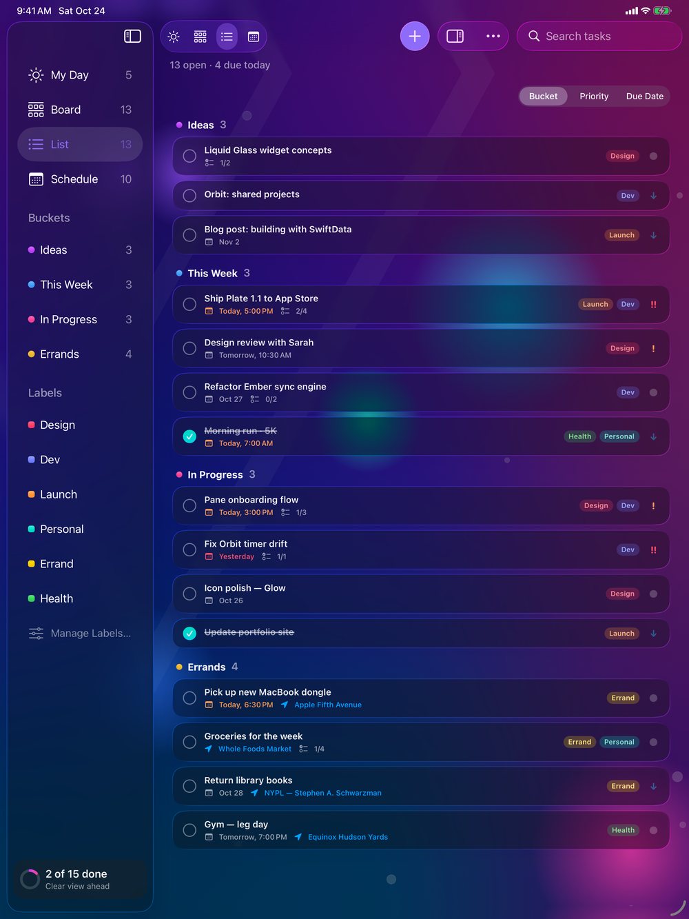 Pane Tasks for iPad List view of tasks