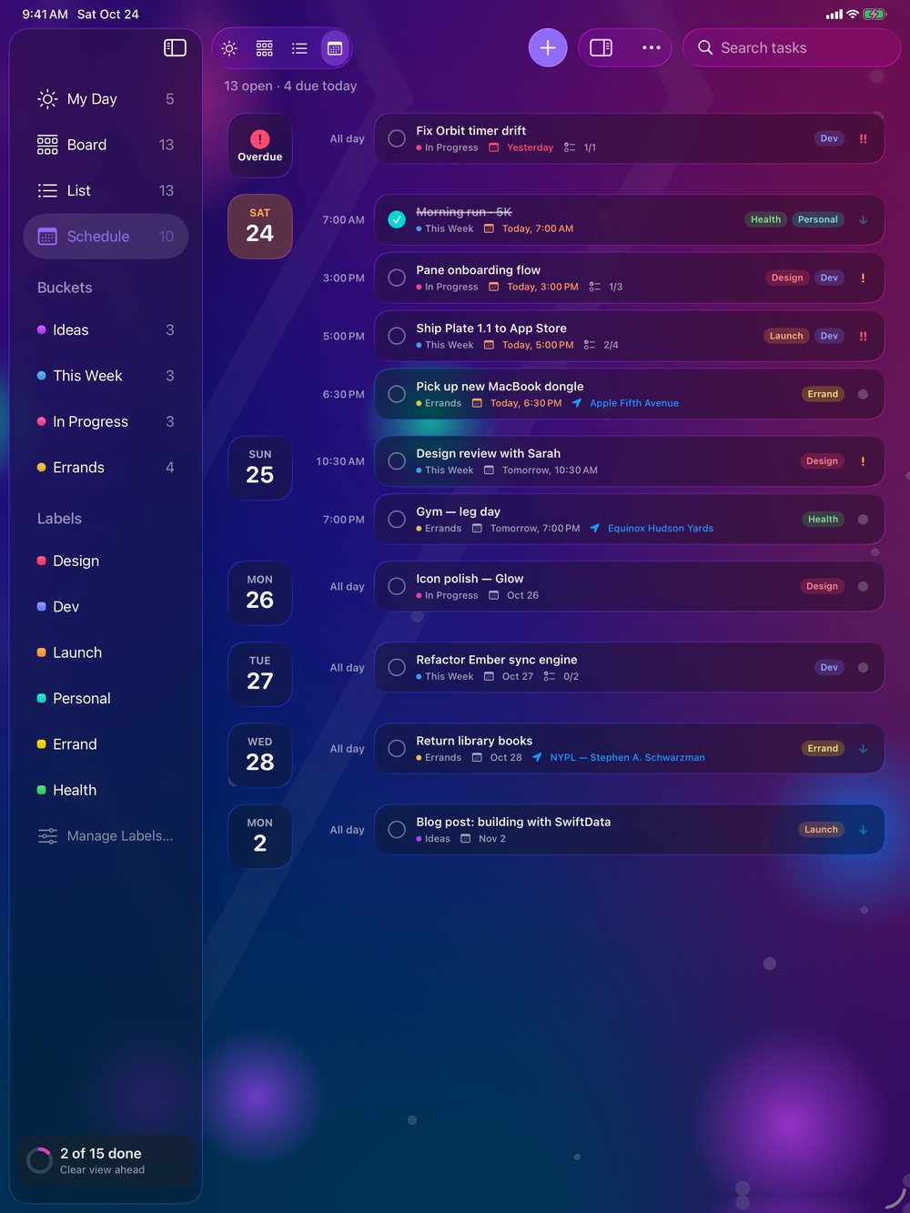 Pane Tasks for iPad Schedule view of upcoming tasks by date