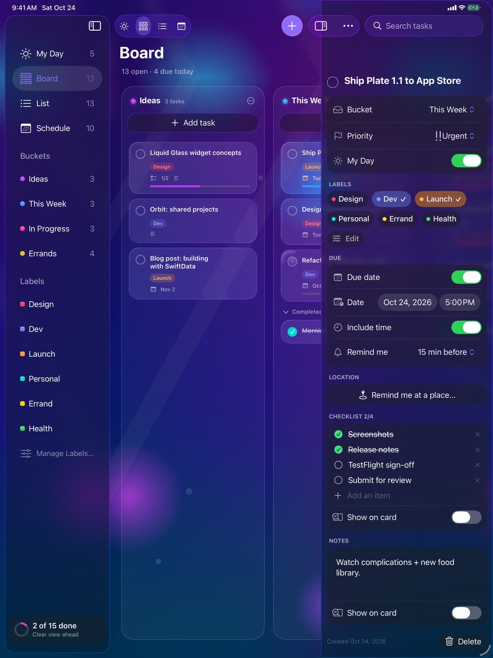 Pane Tasks for iPad task detail with notes and checklist