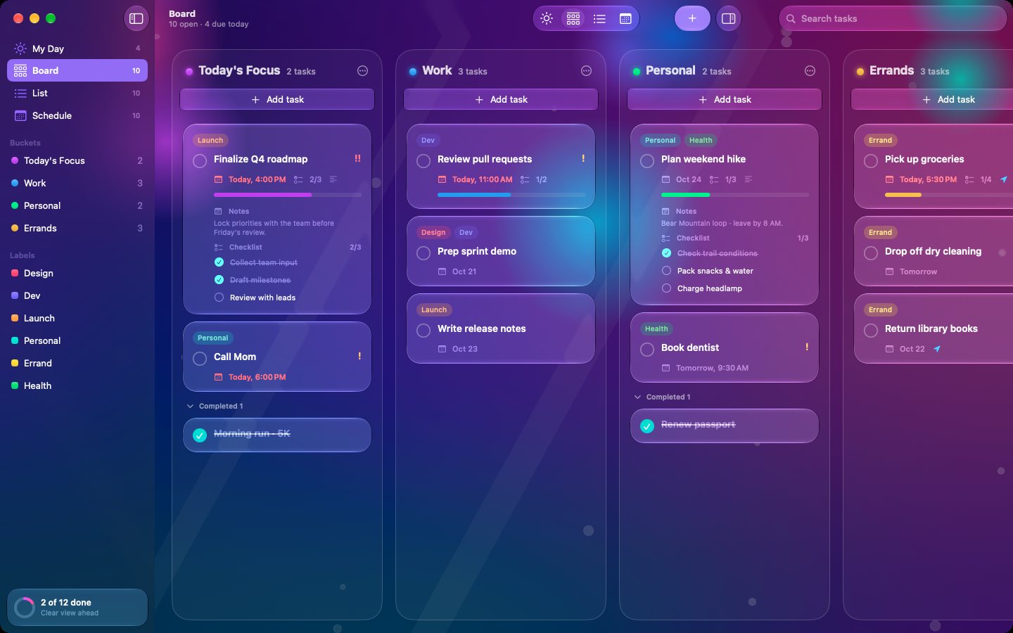 Pane for Mac board view in dark mode with checklists and labels on task cards