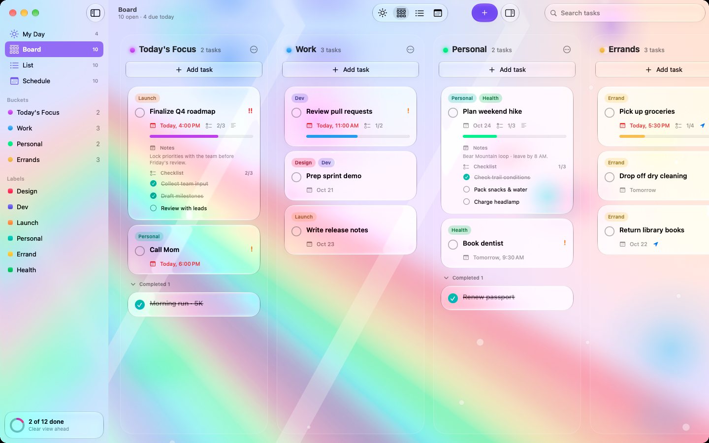 Pane for Mac board view in light mode with Liquid Glass task cards in Today's Focus, Work, Personal and Errands columns
