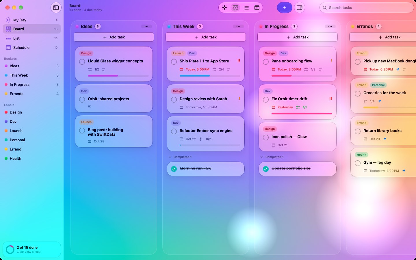 Pane board view on Mac with Liquid Glass task cards arranged in buckets