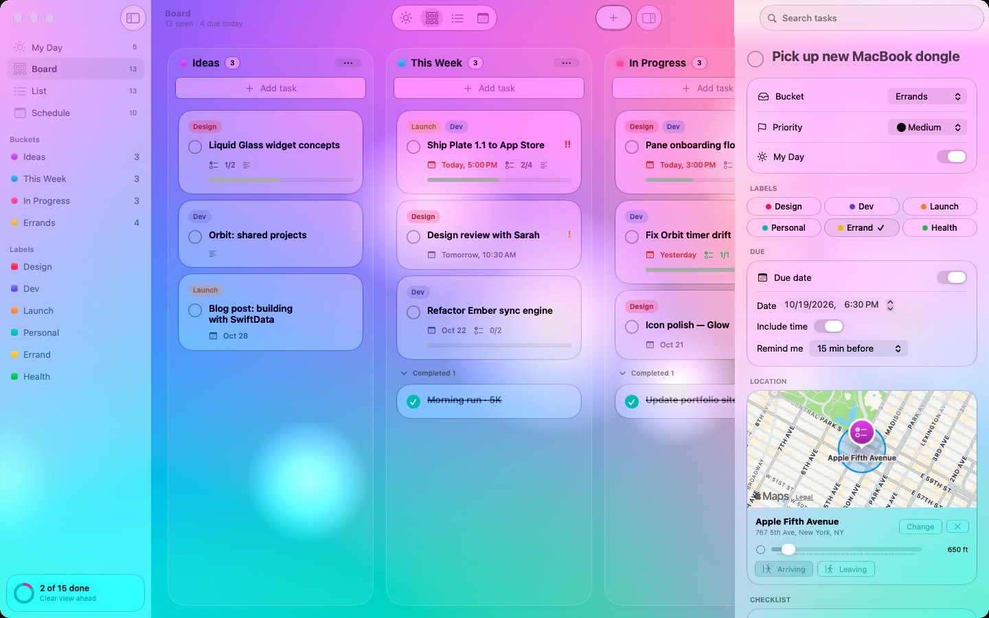 Pane task detail with checklist, labels, priority and reminders