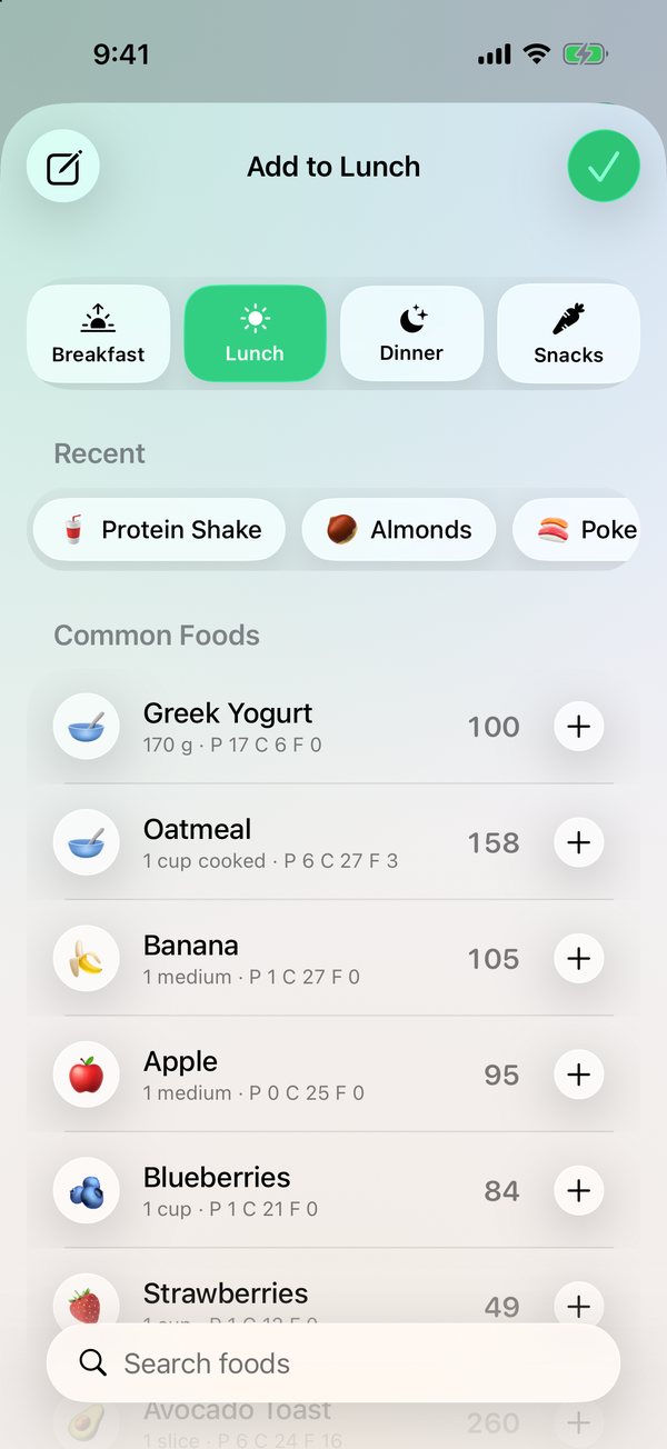 Plate food logging sheet with meal picker and searchable food list