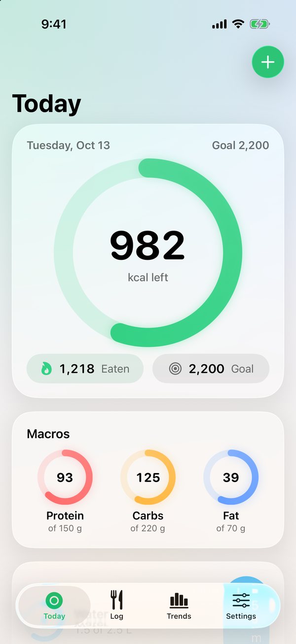 Plate Today screen on iPhone with calorie and macro rings
