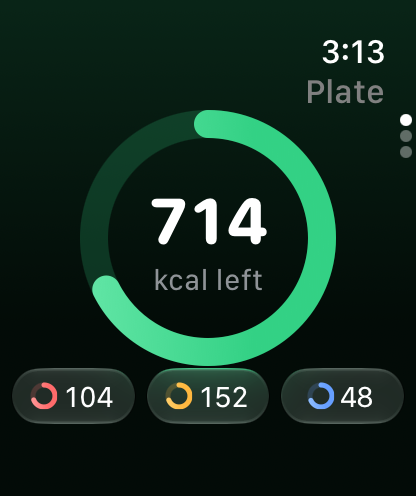 Plate on Apple Watch showing calories left and macros